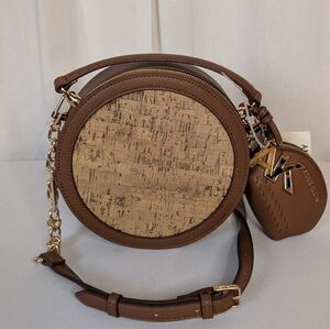 Anne Klein Brown And Gold Cork Circle Round Crossbody Bag